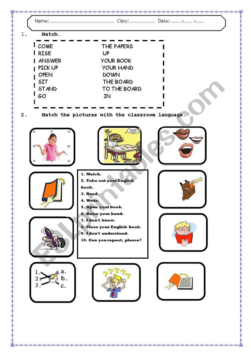 classroom language  worksheet