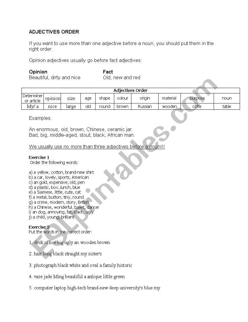 Adjective order handout worksheet