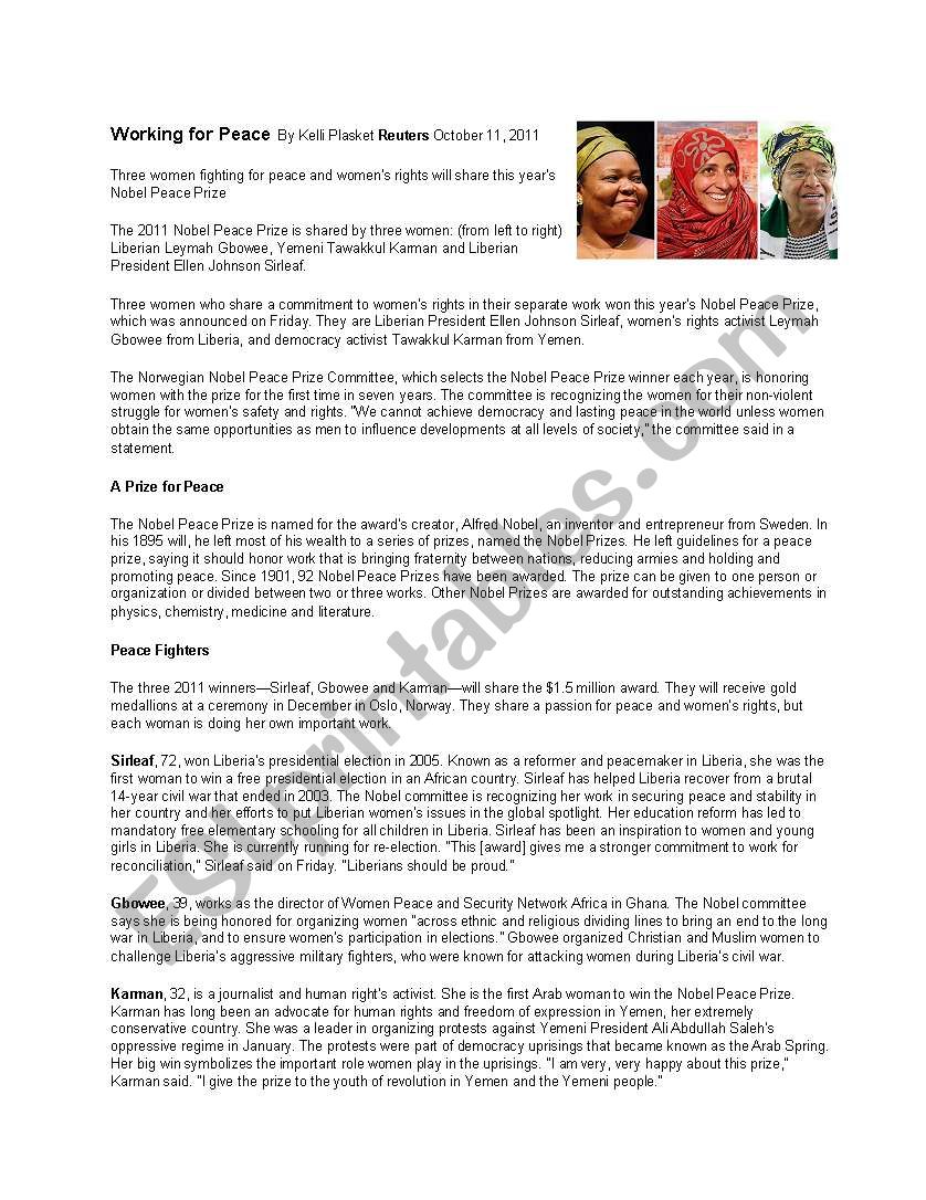 Nobel Peace Prize Lesson Plan worksheet