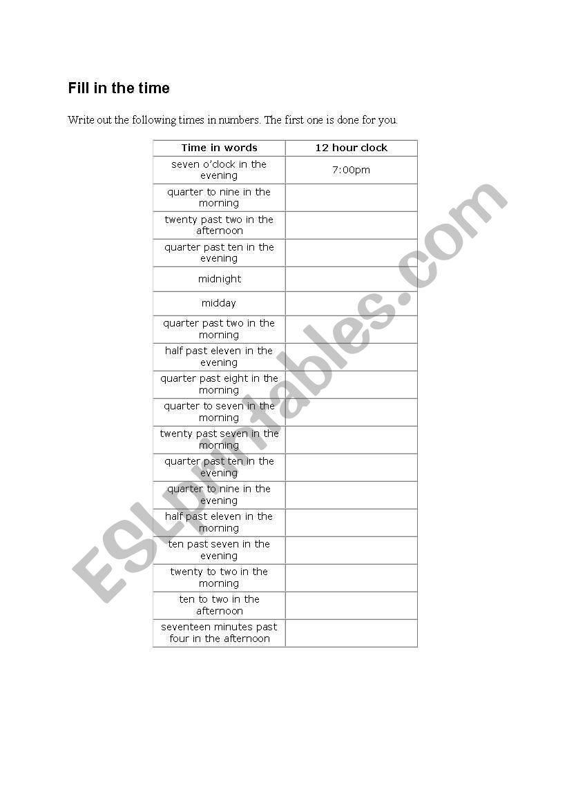 time in words worksheet