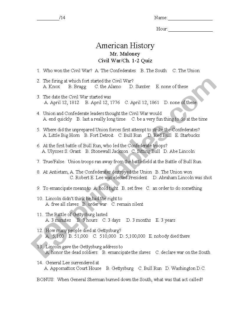 Civil War Quiz worksheet