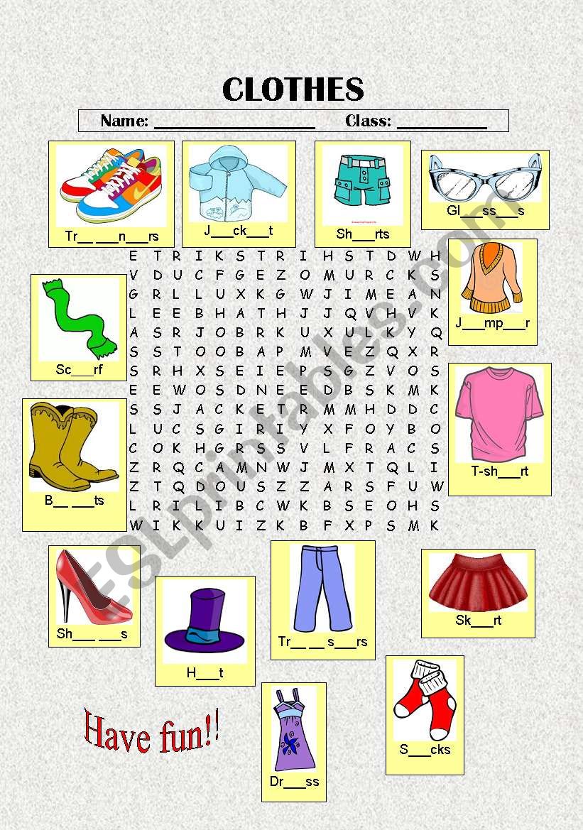 Clothes wordsearch puzzle worksheet