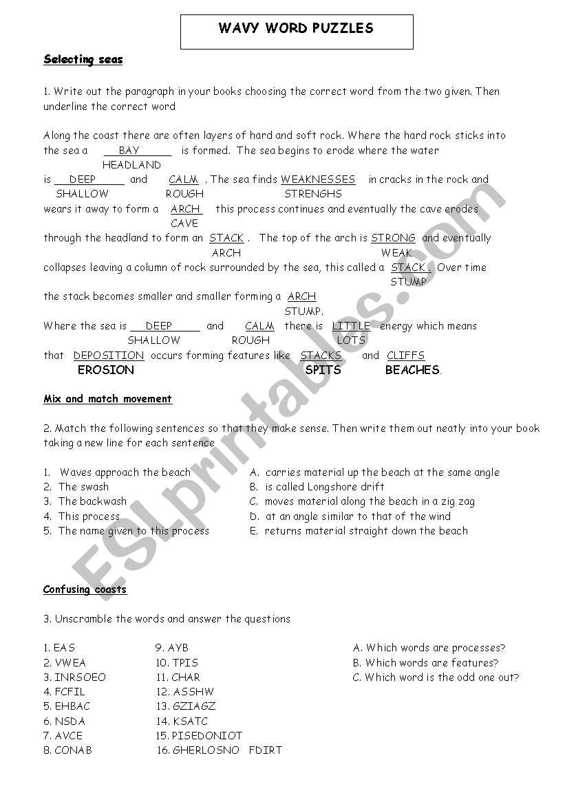 Selecting seas worksheet