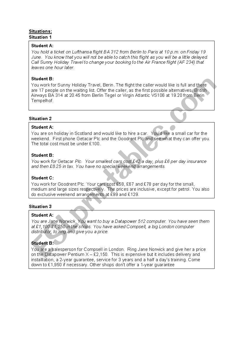 Telephoning role play situations part A