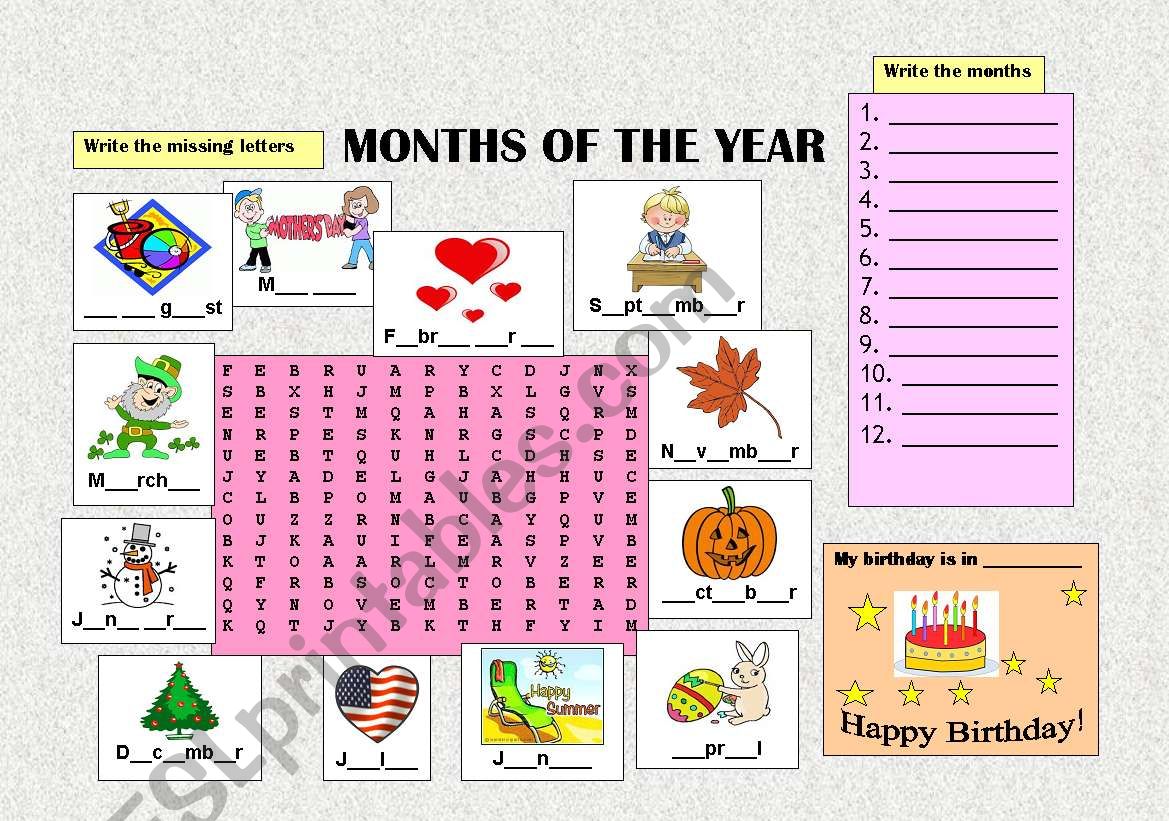 Months of the year wordsearch worksheet