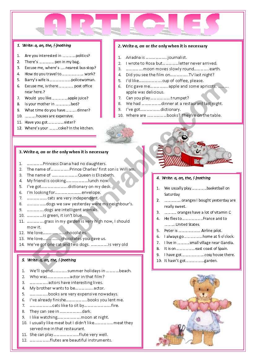 articles worksheet