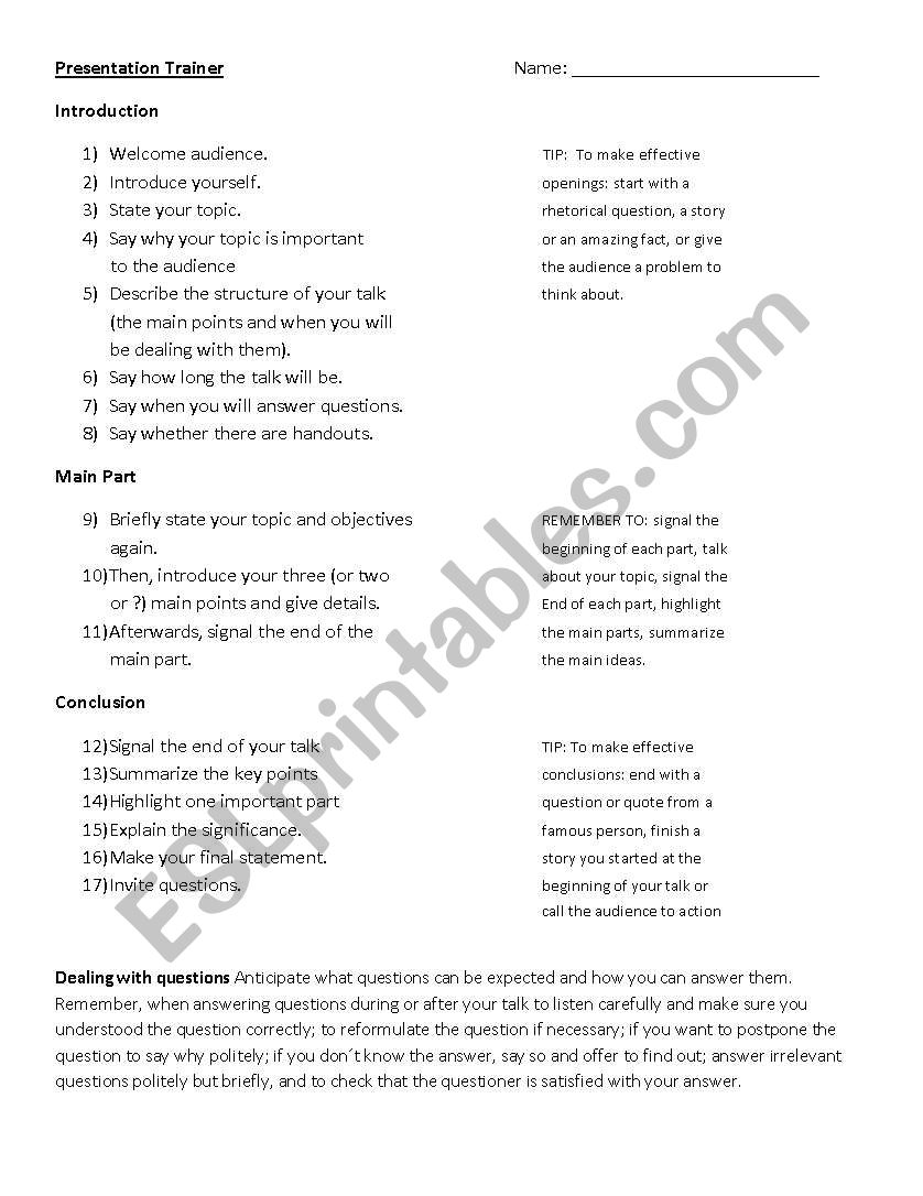 Presentation Trainer worksheet