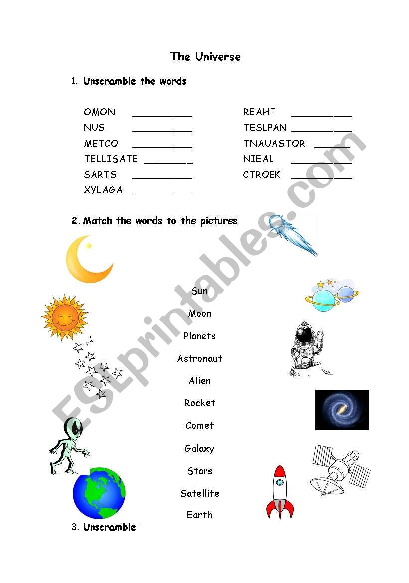 The Universe - matching worksheet