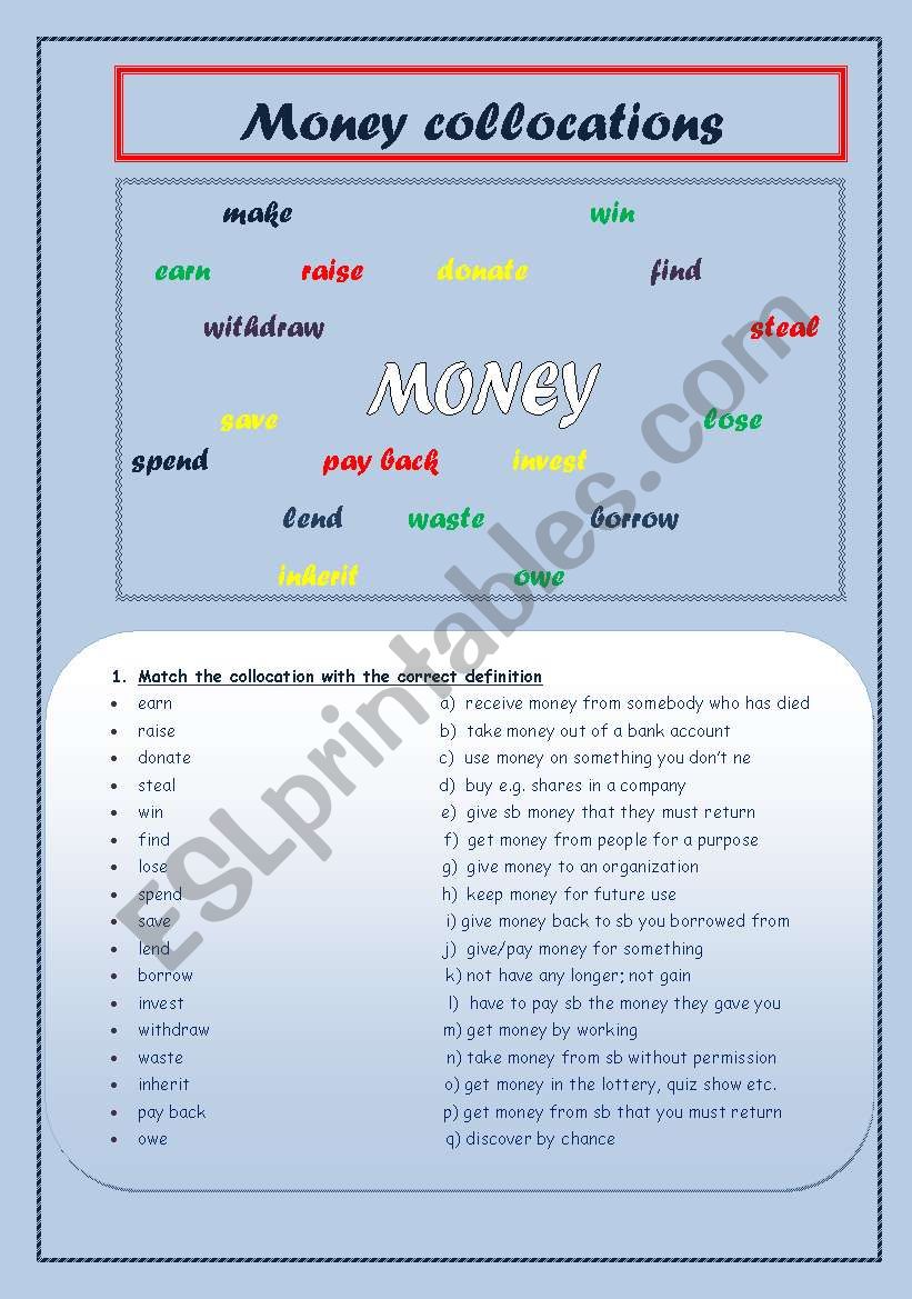 Money terms  worksheet