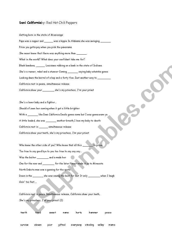 Red Hot Chilli Peppers/Dani California Song Worksheet