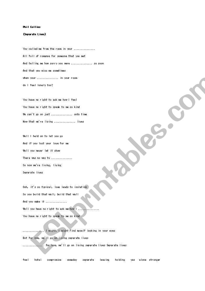 Phil Collins/Separate Lives Song Worksheet