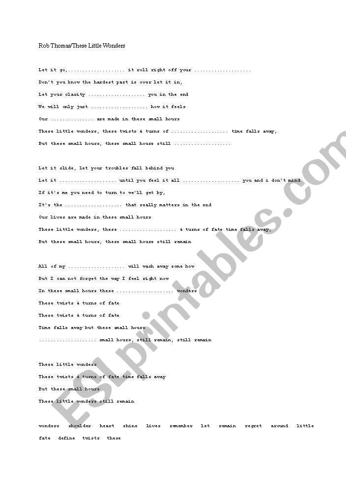Rob Thomas/These Small Hours Song Worksheet