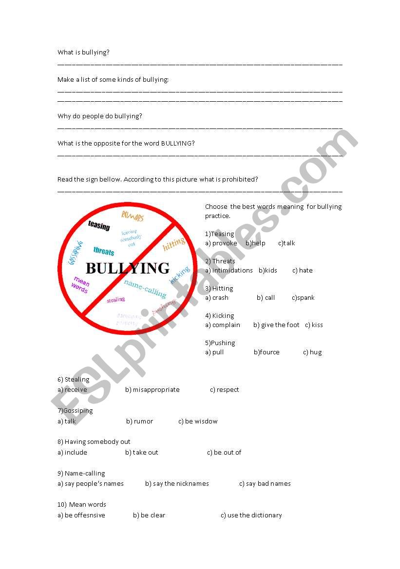 Bullying worksheet