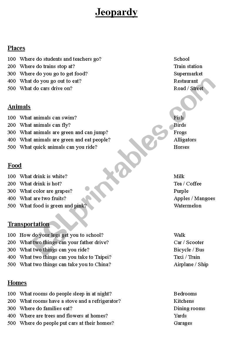 Jeopardy worksheet