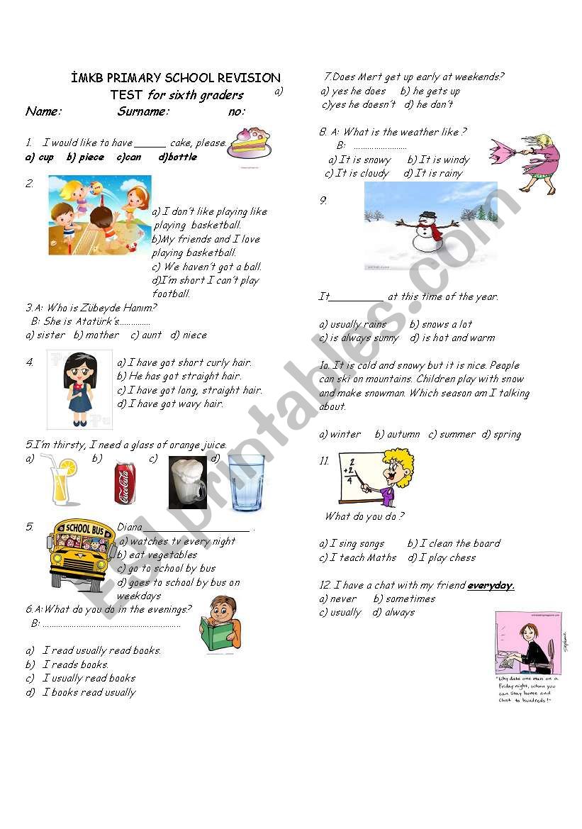 revision test worksheet