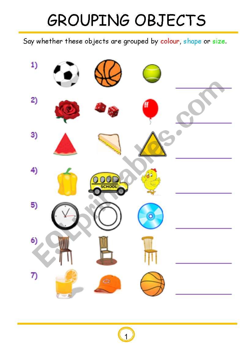 Grouping Size,Colour, Shape worksheet