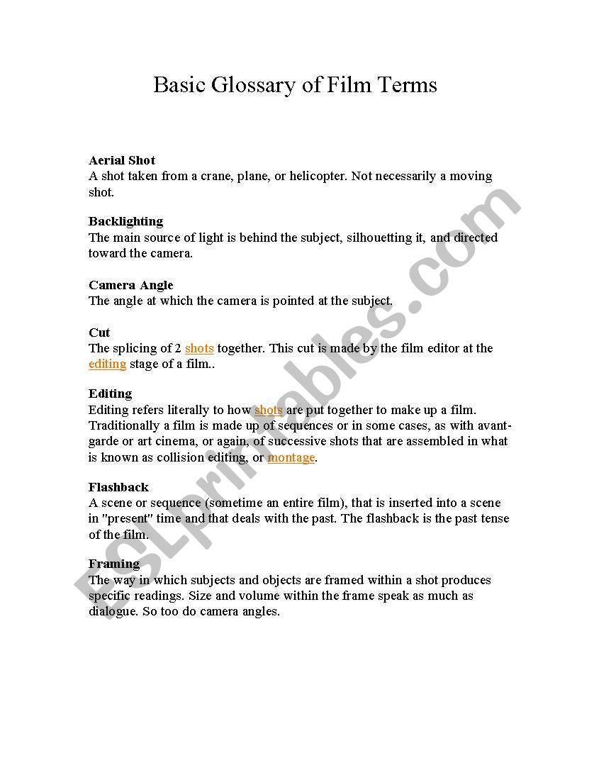 Basic Film Terms worksheet