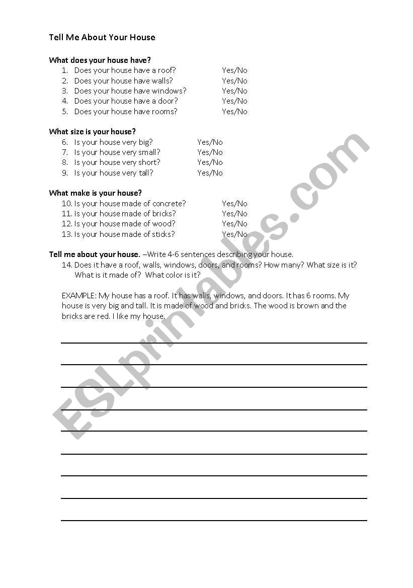English Worksheets Tell Me About Your House