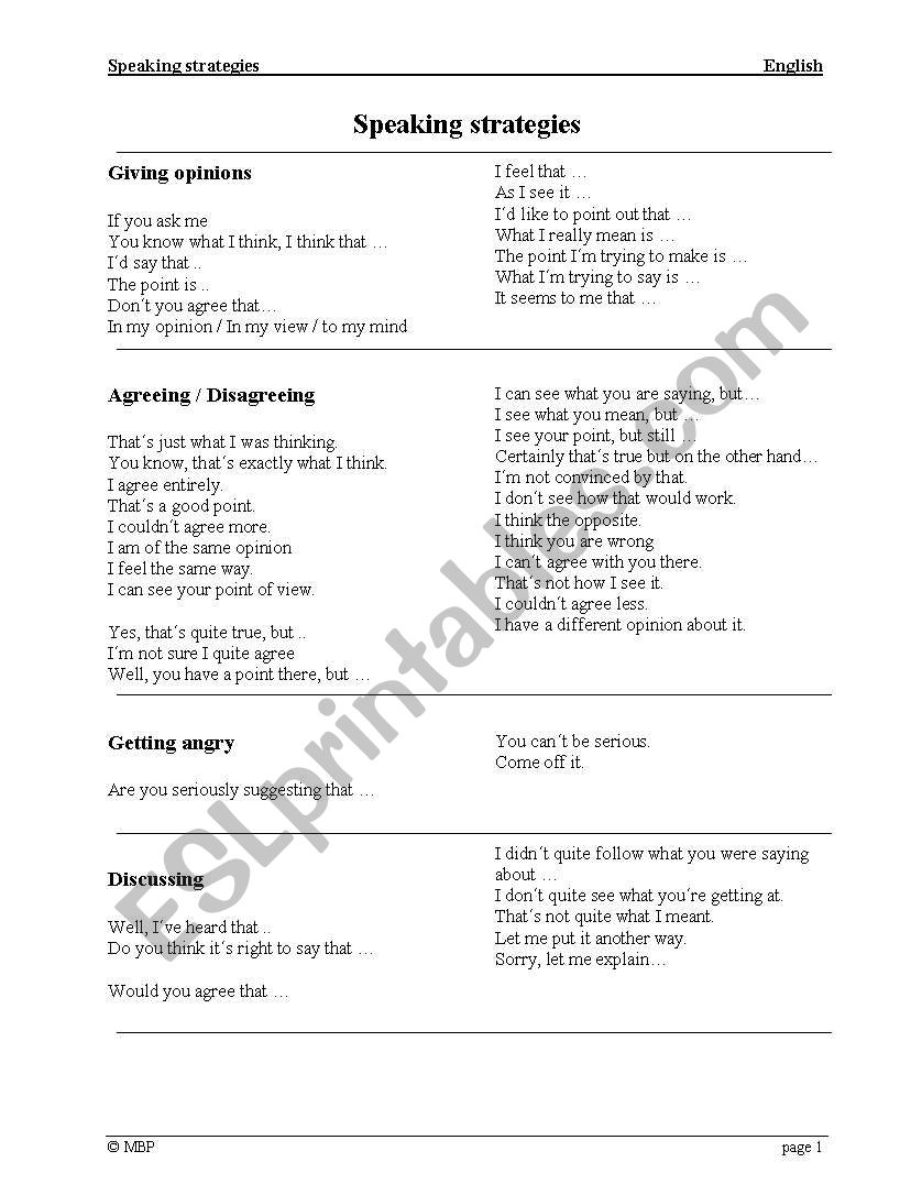 Speaking strategies worksheet