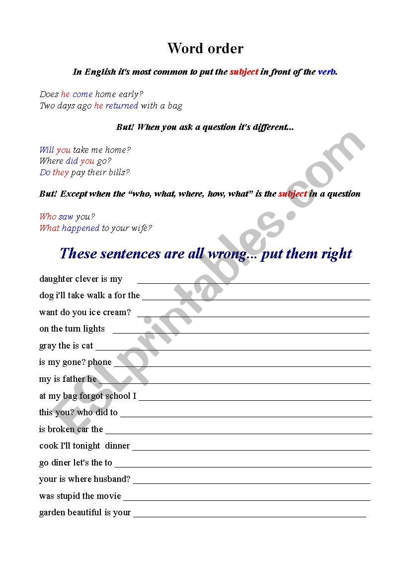 Word order 01 worksheet