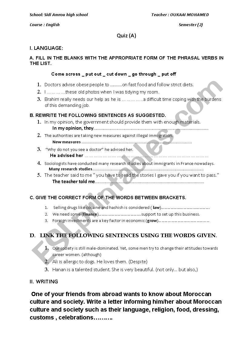 Test in grammar worksheet