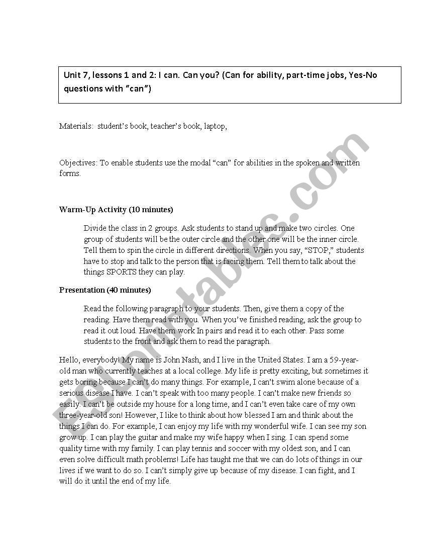 Can/Cant and Jobs -Interchange 1, Unit 7, lessons 1 and 2 (Lesson Plan)