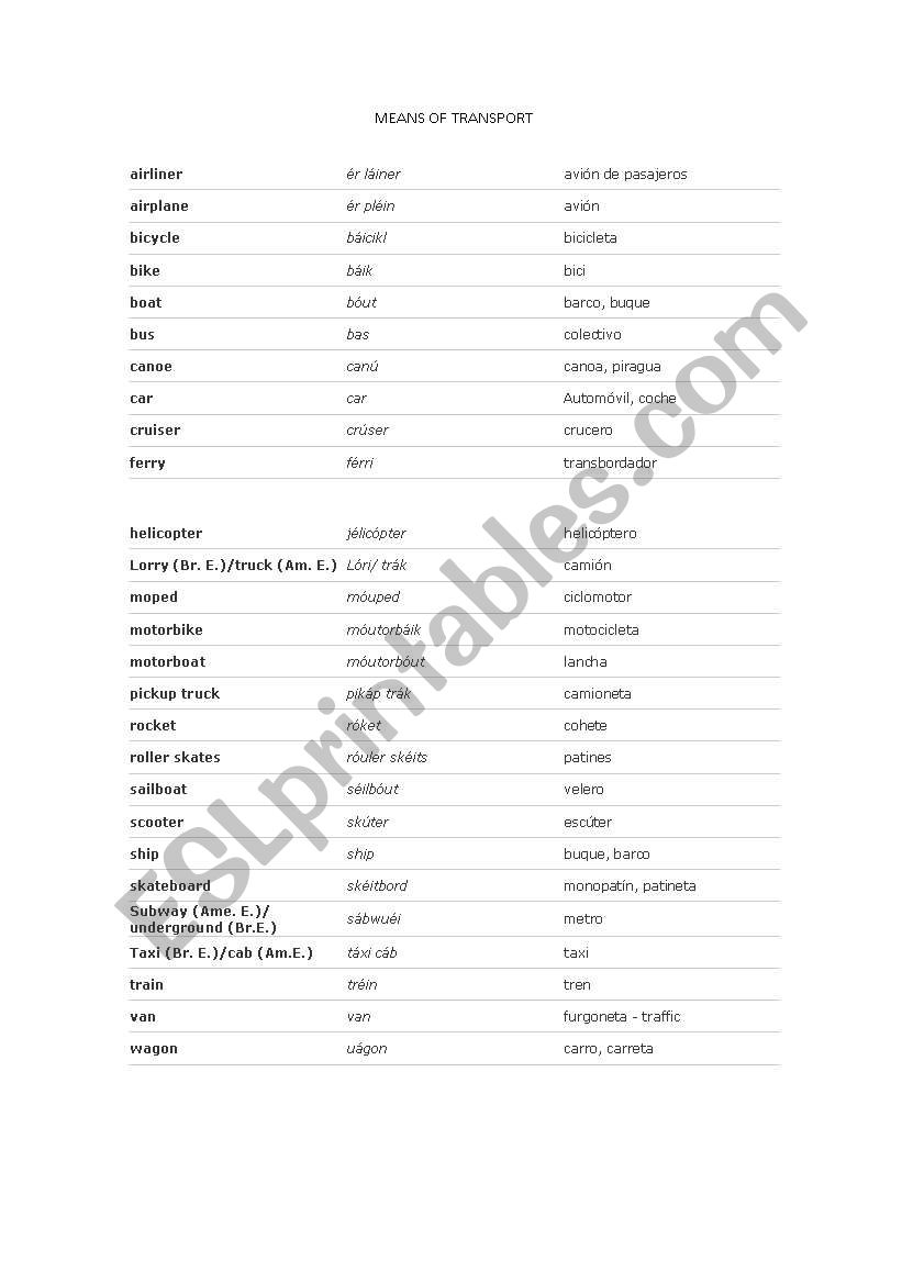 means of transport worksheet