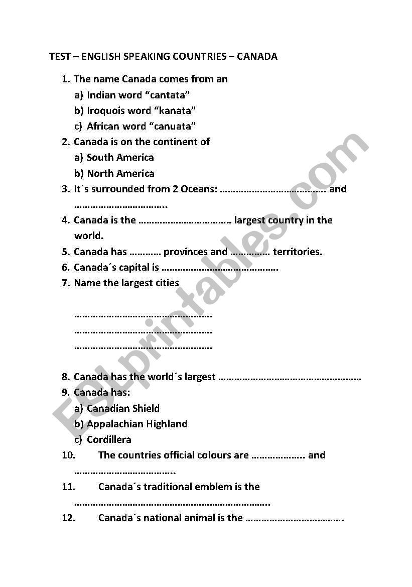 TEST ABOUT CANADA worksheet