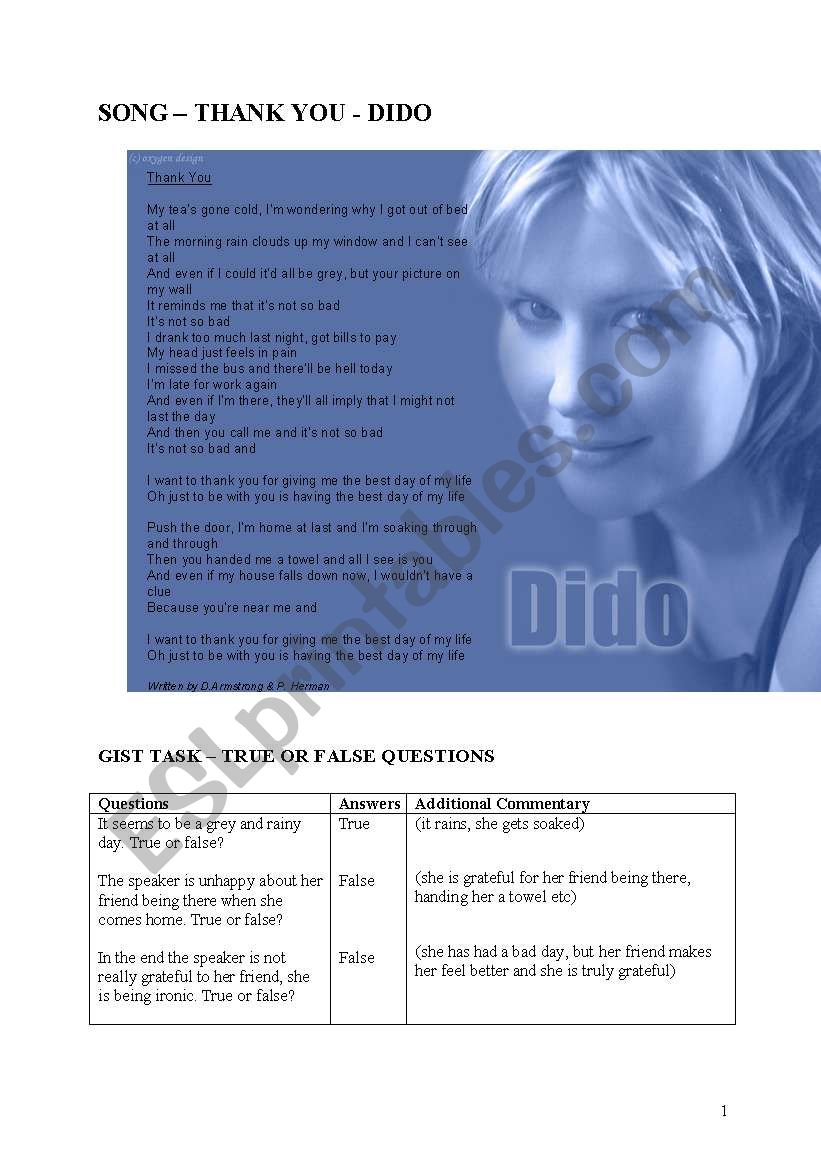 Dido - Thank You worksheet