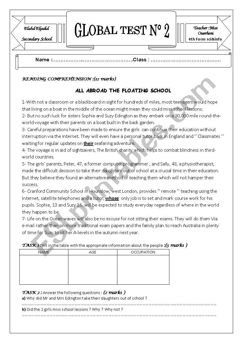 global test 2 for 4th form worksheet