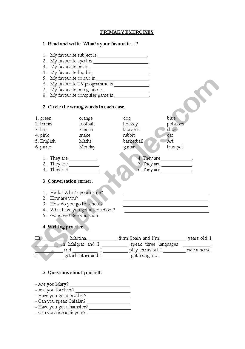 PRIMARY EXERCISES worksheet