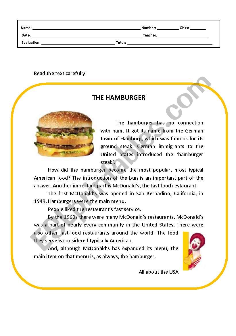 The hamburger food worksheet