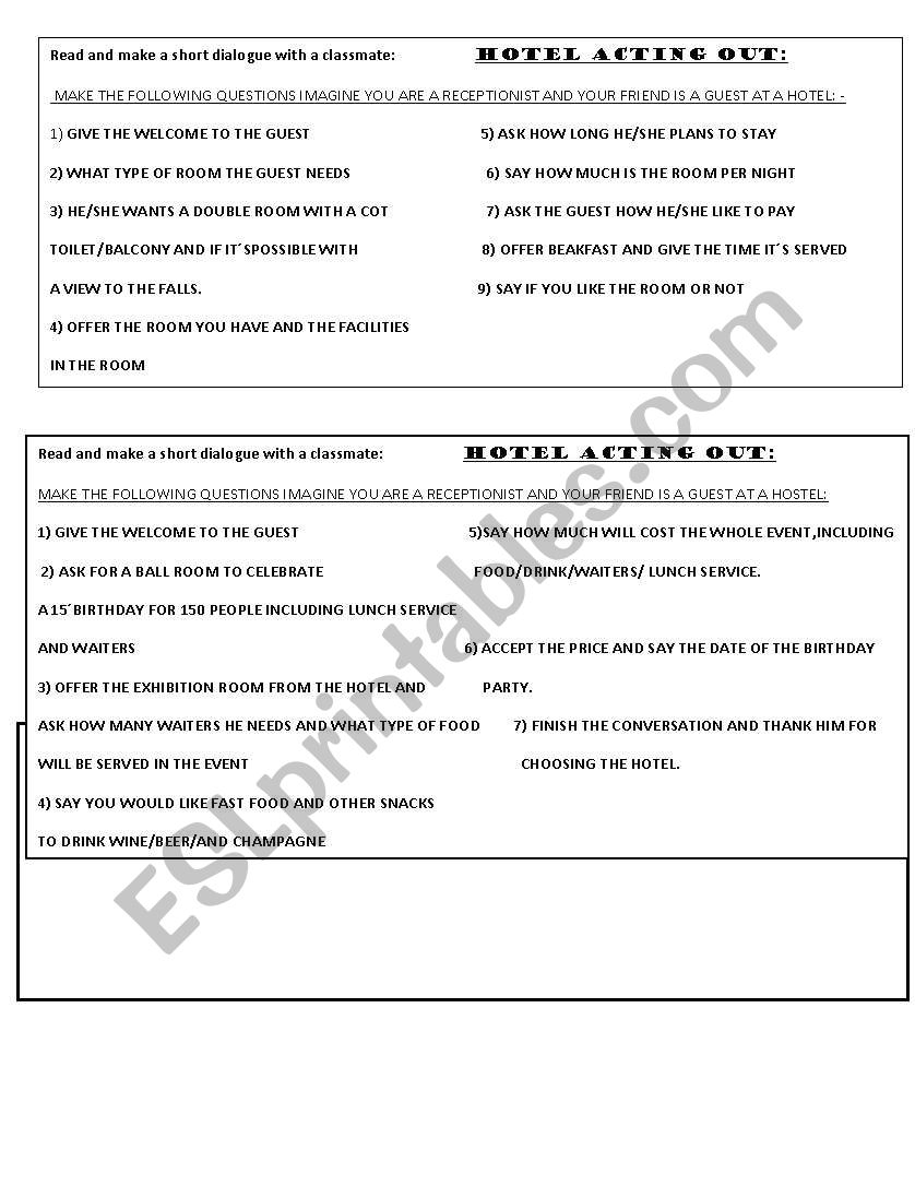 hotel  Acting out cards worksheet