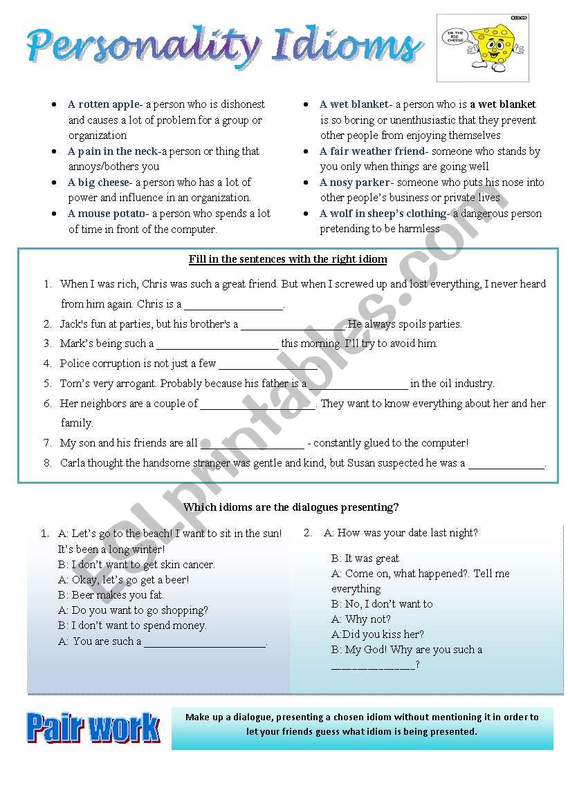 Personality idioms worksheet