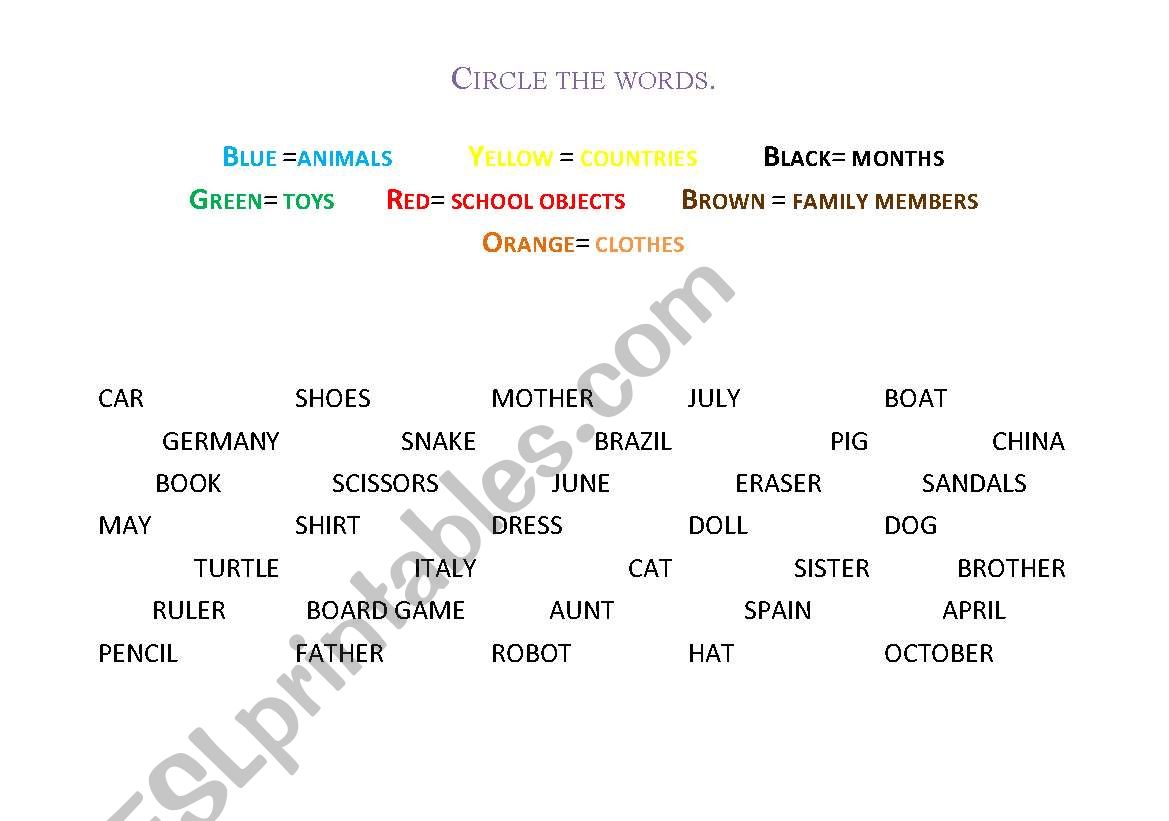 Circle the words worksheet