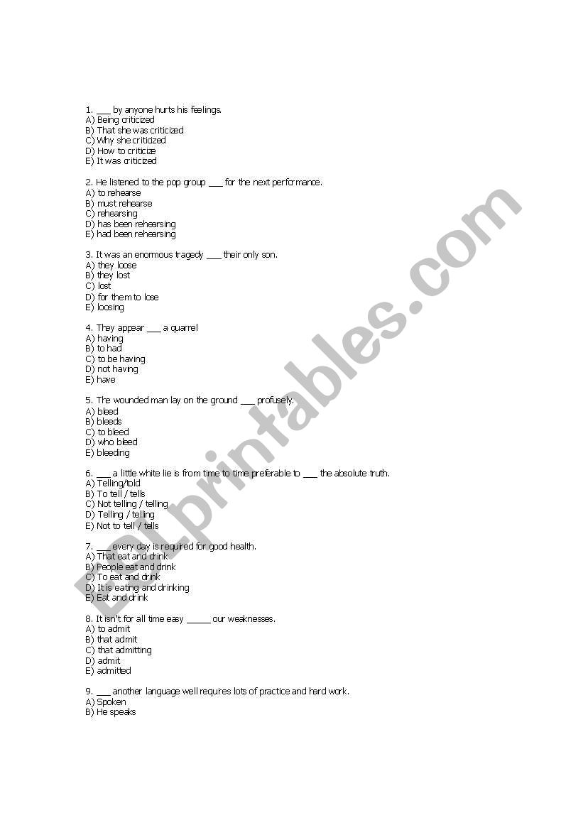 test on participles worksheet