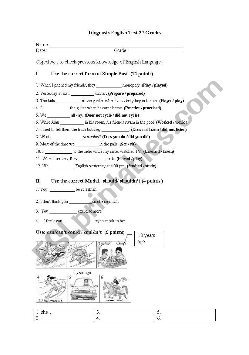 Diagnosis test or exercises. worksheet