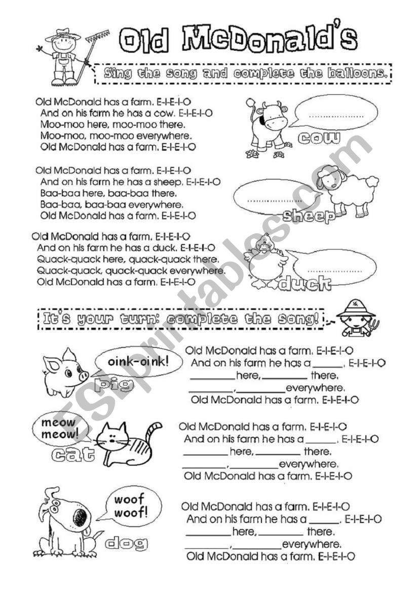 Old McDonaldÂ´s farm worksheet
