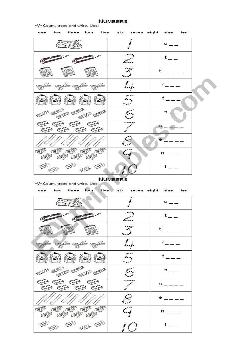 COUNT TRACE AND WRITE worksheet