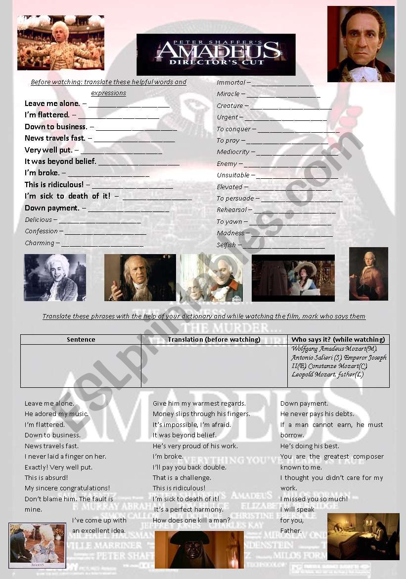 AMADEUS FULL MOVIE WORKSHEET worksheet