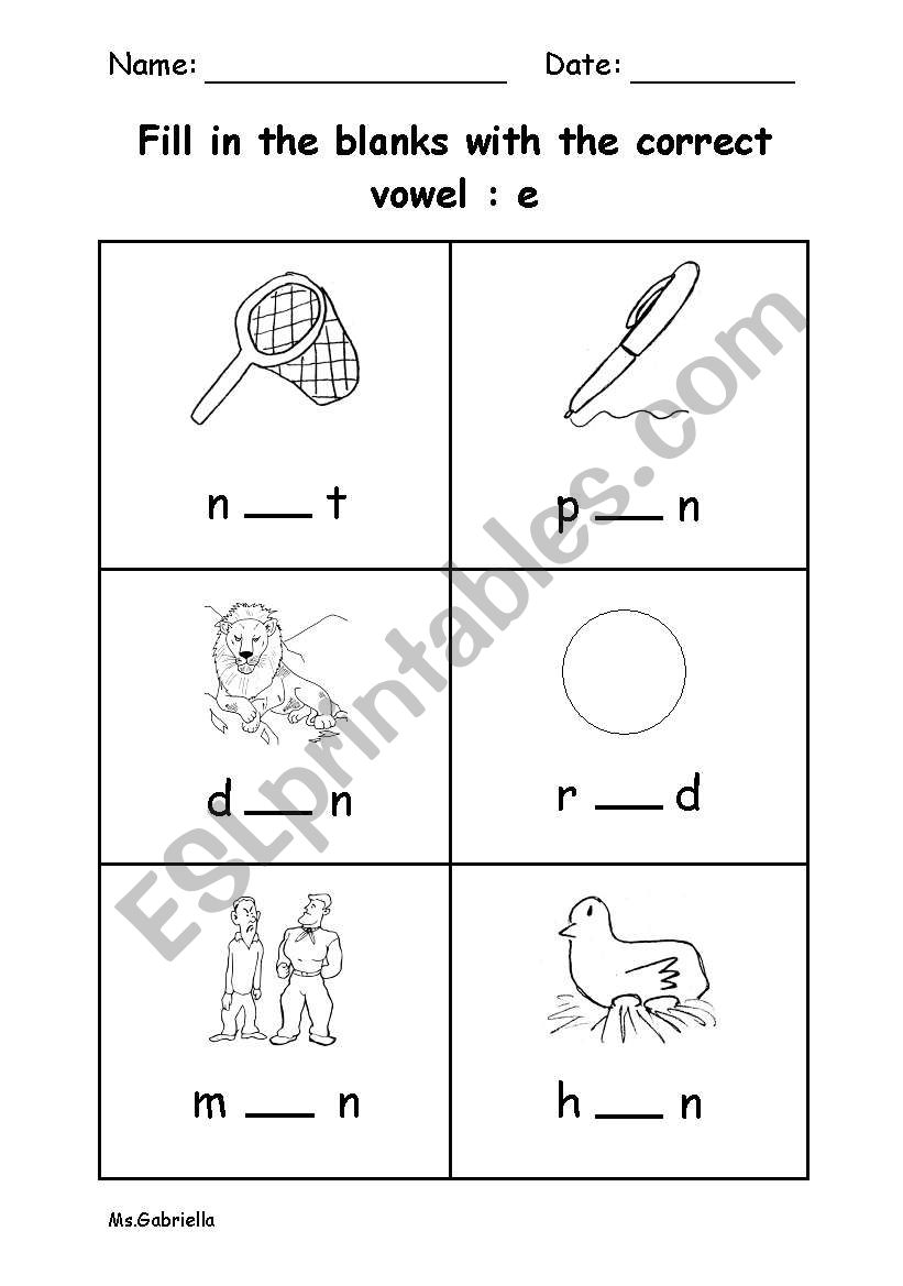 Vowel e worksheet