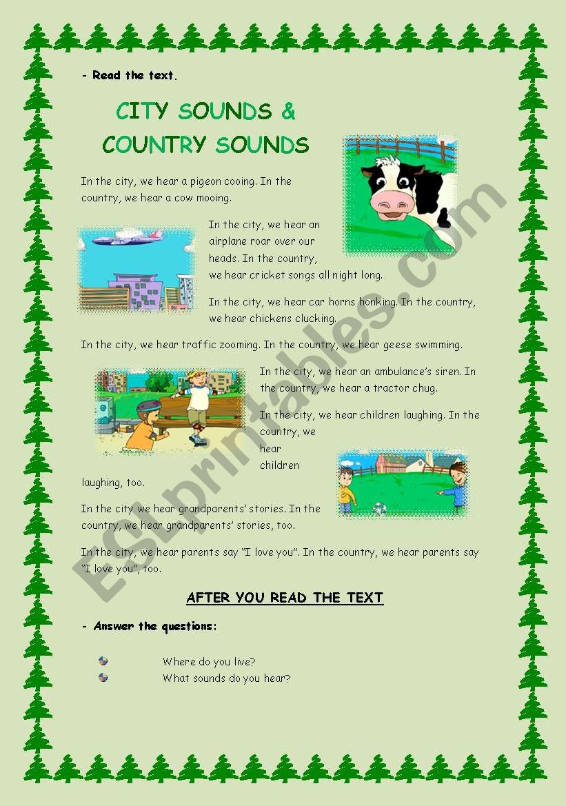 City sounds and country sounds. Text + activities (2 pages)