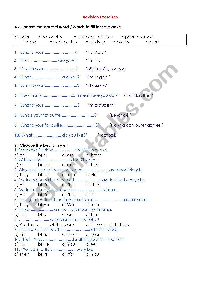 Revision exercises worksheet