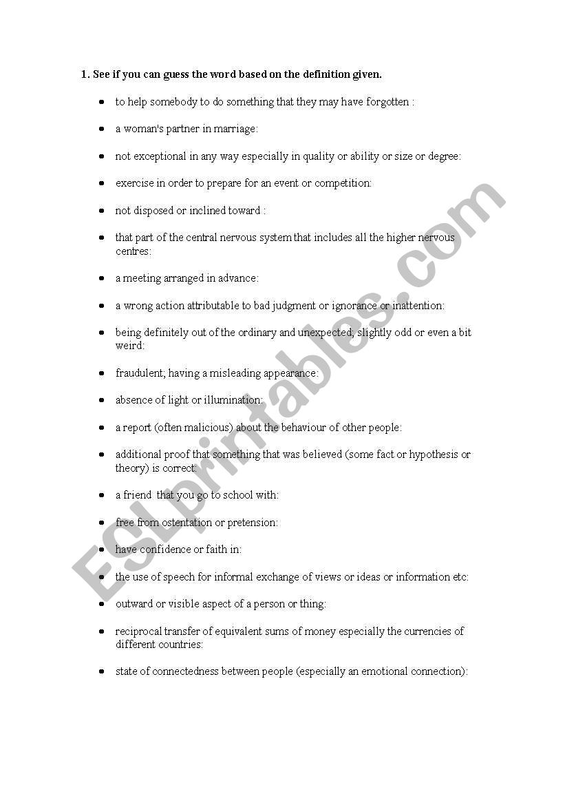 Definitions worksheet