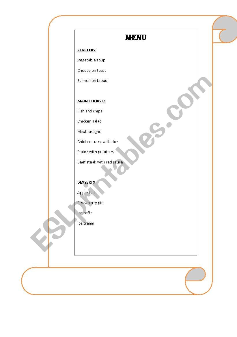 restaurant menu worksheet