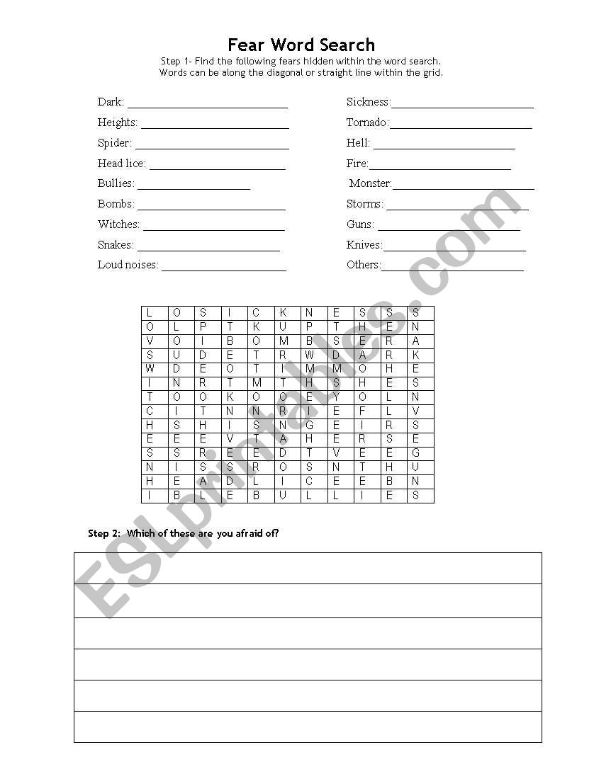 Fear Word Search worksheet