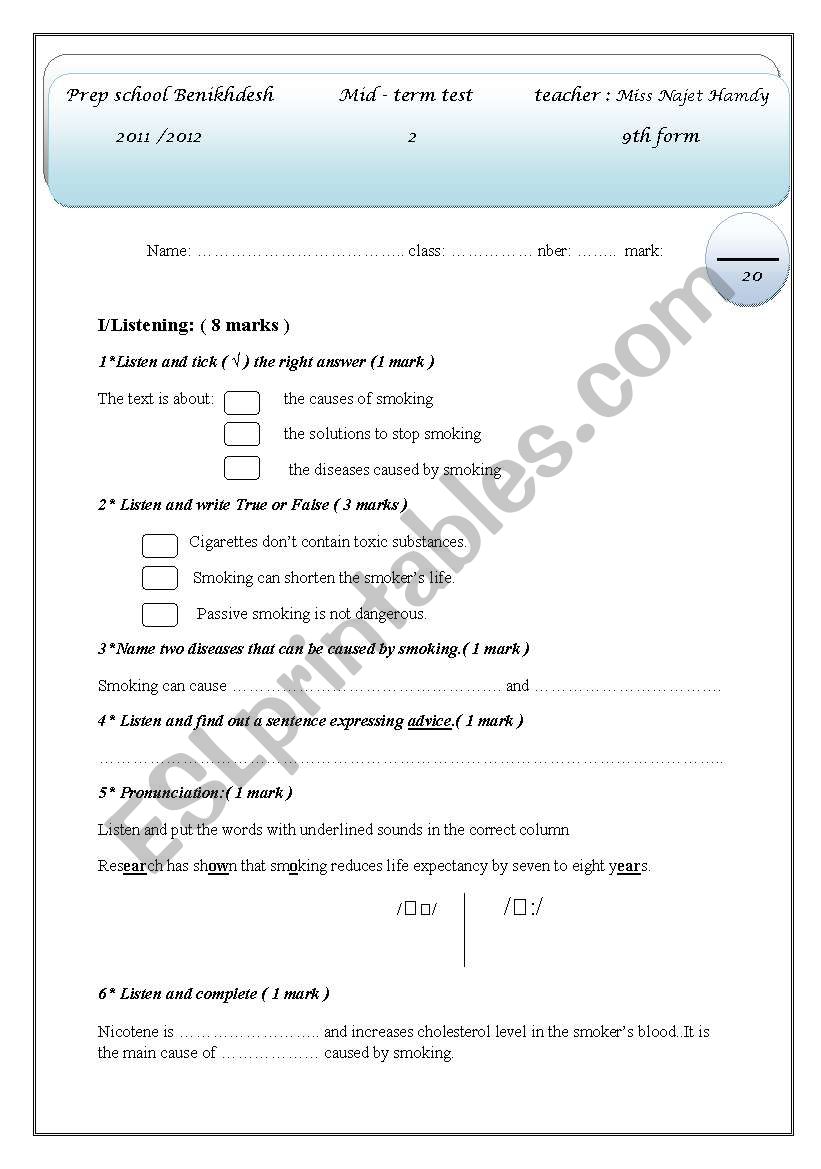  mid- term test 2 9th form worksheet