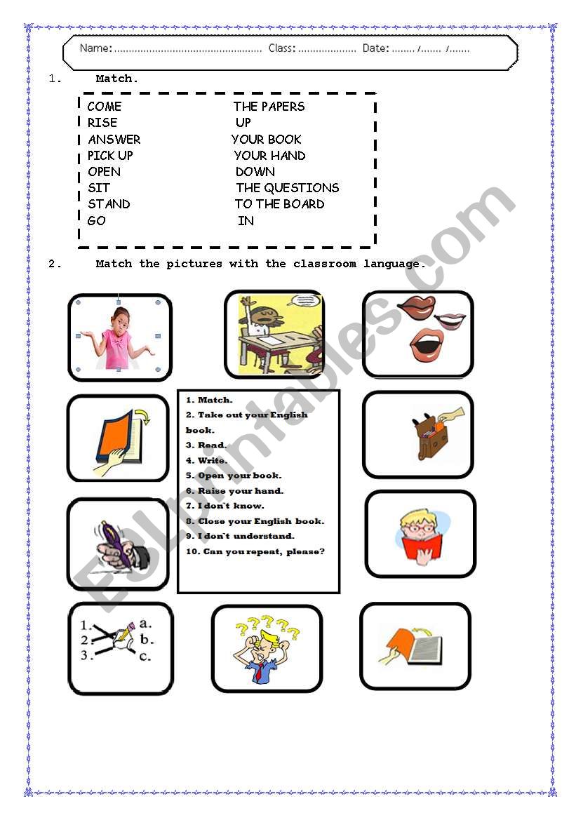 clasroom language  test worksheet