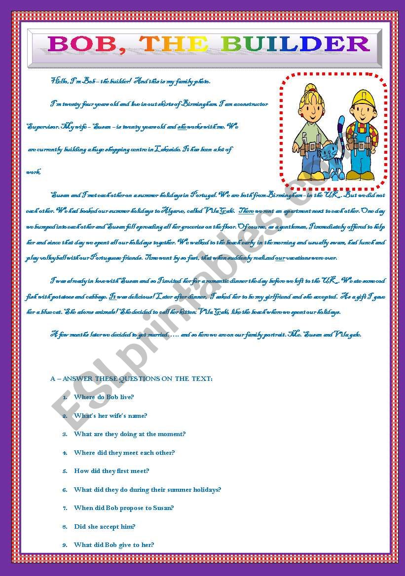 BobÂ´s holidays - the builder worksheet