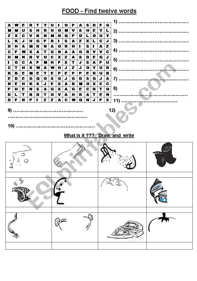 elementary FOOD - wordsearch and drawing